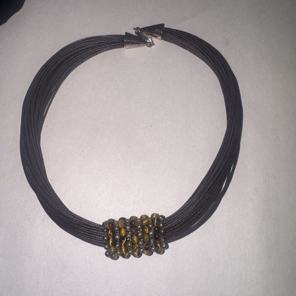 QVC Tiger's Eye Beaded Necklace - multistrand Leather cord with Sterling Silver
